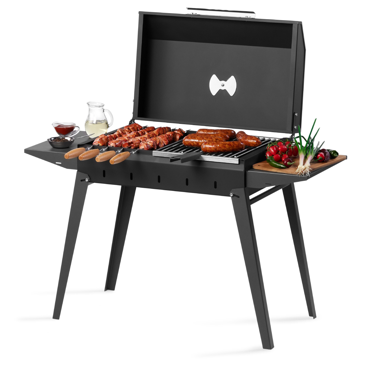 Фото Мангал Gratar МКЛ 600К с открытой крышкой и аксессуарами вид сбоку